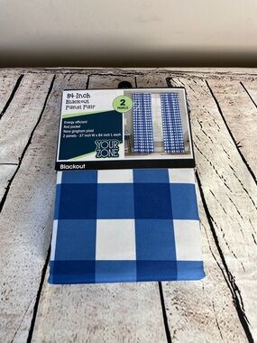 Your Zone Navy Gingham Plaid Blackout Curtain Panel Pair Rod Pocket Size 37 x 84